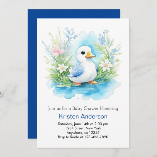 水の色リトルダックボーイ赤ちゃんシャワー 招待状 (正面/裏面)