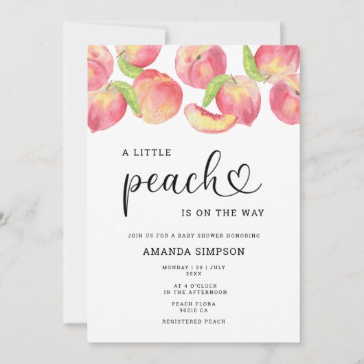 水の色リトルピーチの途中の赤ちゃんシャワー 招待状 (正面)