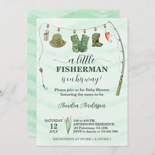 水の色リトルフィッシャーマン魚釣りベビーシャワー 招待状 (正面/裏面)