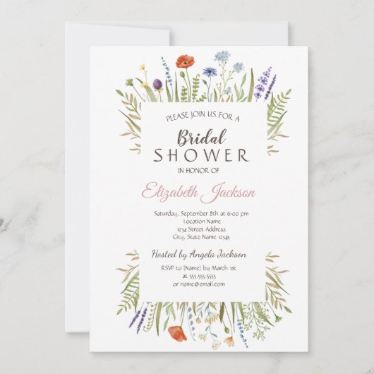 水の色リトルワイルドフラワーメドウブライダルシャワー 招待状 (正面)