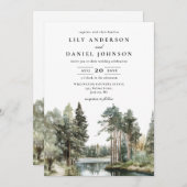 水の色レイクフォレストウッドランド結婚のQRコード 招待状 (正面/裏面)