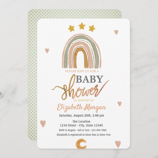 水の色レインボースターズハートベビーシャワー 招待状 (正面/裏面)