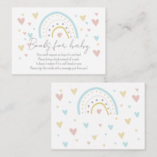 水の色レインボーハート赤ちゃんシャワー用ブック エンクロージャーカード (正面/裏面)