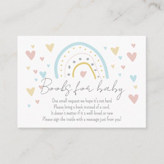 水の色レインボーハート赤ちゃんシャワー用ブック エンクロージャーカード (正面)