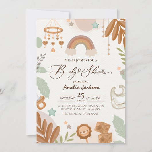 水の色レインボーボホ男女兼用ベビーシャワー 招待状 (正面)