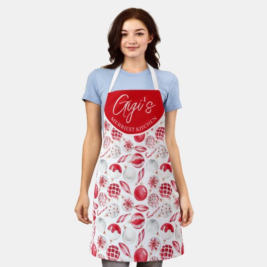 水の色レッドホワイトボードギフトクリスマス エプロン (着用した状態)