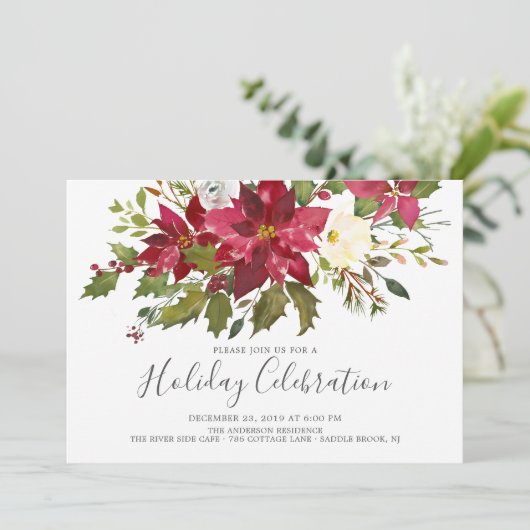 水の色レッドポインセチアクリスマスホリデーパーティー 招待状 (スタンド正面)