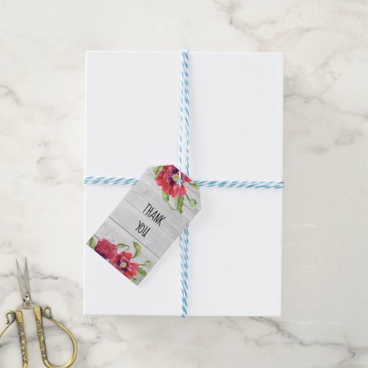 水の色レッドポピーフローラアートありがとう ギフトタグ (より糸付き)