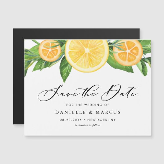 水の色レモンとオレンジの夏の日付を保存 マグネット招待状 (正面/裏面)