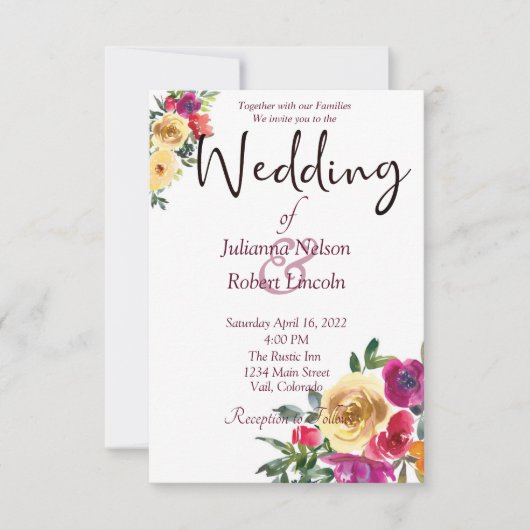 水の色レモンとマゼンダ結婚フローラのinvita 招待状 (正面)