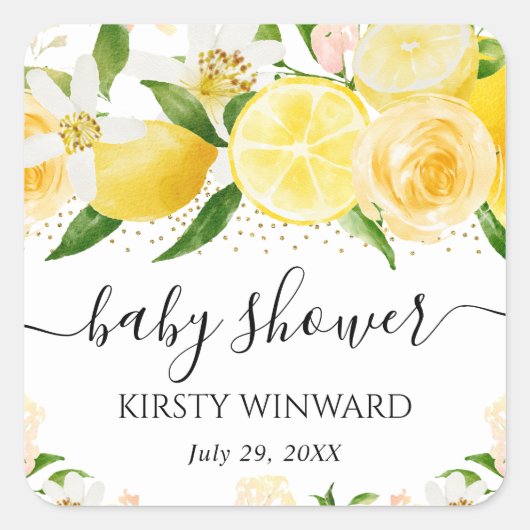 水の色レモンと花ベビーシャワー スクエアシール (正面)
