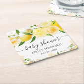 水の色レモンと花ベビーシャワー スクエアペーパーコースター (アングル)