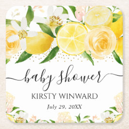 水の色レモンと花ベビーシャワー スクエアペーパーコースター