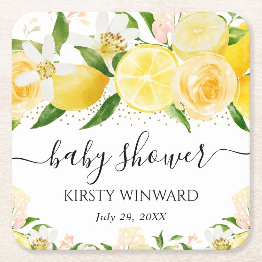 水の色レモンと花ベビーシャワー スクエアペーパーコースター (正面)
