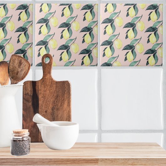 水の色レモンと葉黄色のシームレスパターン タイル