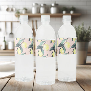 水の色レモンと葉黄色のシームレスパターン ペットボトルラベル