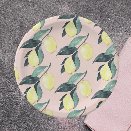 水の色レモンと葉黄色のシームレスパターン ペーパープレート