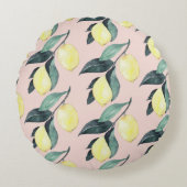 水の色レモンと葉黄色のシームレスパターン ラウンドクッション (正面)