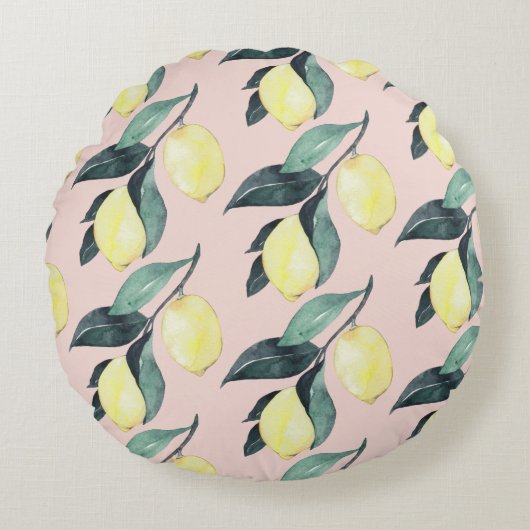 水の色レモンと葉黄色のシームレスパターン ラウンドクッション (正面)