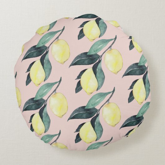 水の色レモンと葉黄色のシームレスパターン ラウンドクッション (裏面)