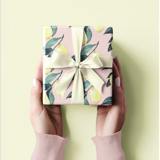 水の色レモンと葉黄色のシームレスパターン ラッピングペーパー