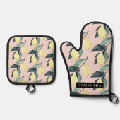 水の色レモンと葉黄色のシームレスパターン 鍋つかみ&鍋敷きセット (正面)