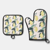水の色レモンと葉黄色のシームレスパターン 鍋つかみ&鍋敷きセット (正面)