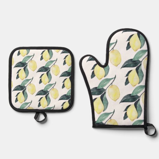 水の色レモンと葉黄色のシームレスパターン 鍋つかみ&鍋敷きセット (正面)