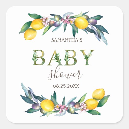 水の色レモンのオリーブ赤ちゃんシャワー スクエアシール (正面)