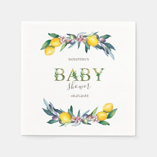 水の色レモンのオリーブ赤ちゃんシャワー スタンダードカクテルナプキン (正面)