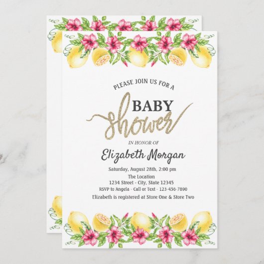 水の色レモンのハイビスカスボタニカルベイビーシャワー 招待状 (正面/裏面)