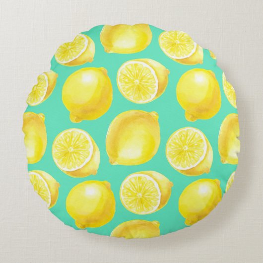 水の色レモンのパターン ラウンドクッション (正面)