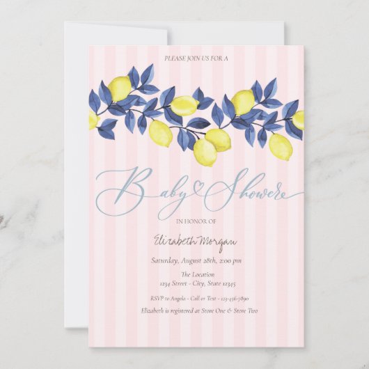 水の色レモンのピンクの赤ストライプのちゃんシャワー 招待状 (正面)