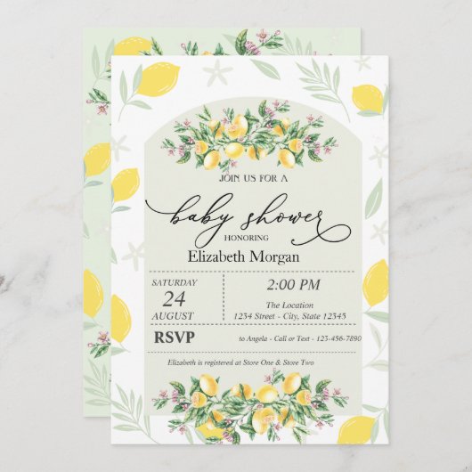 水の色レモンのフレーム赤ちゃんシャワー 招待状 (正面/裏面)
