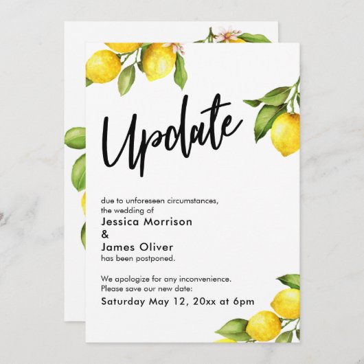 水の色レモンの延期結婚された更新カード 招待状 (正面/裏面)