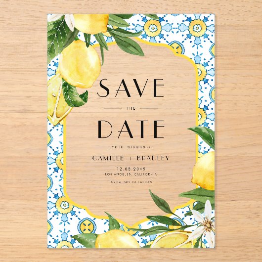 水の色レモン地中海の日付を保存 アクリル招待状 (正面)