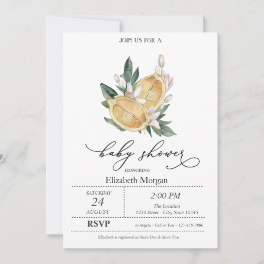 水の色レモン植物性ベビーシャワー 招待状 (正面)