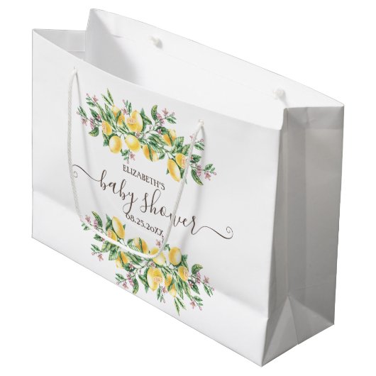水の色レモン植物花ベビーシャワー ラージペーパーバッグ (正面アングル)