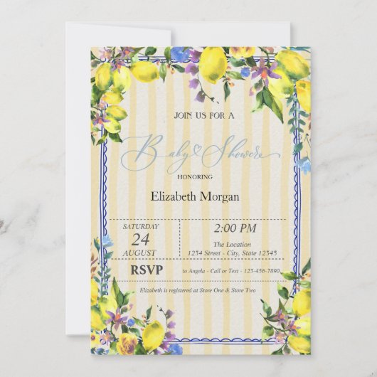 水の色レモン黄ストライプ色ベビシャワー 招待状 (正面)