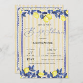 水の色レモン黄ストライプ色ベビシャワー 招待状 (正面/裏面)