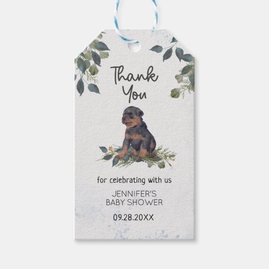 水の色ロットワイラー子犬の赤ちゃんシャワーありがとう ギフトタグ (正面)
