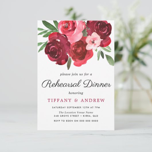水の色ロマンチックな赤いバラのリハーサルディナー 招待状 (スタンド正面)