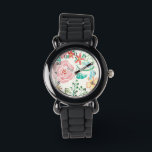 水の色ロマンモダンティックフローラトンフライハート 腕時計<br><div class="desc">メモ：このスタイルウォッチは通常よりも小さい長さのバンドを持つ。大きもしな手首を持ってそれを注文しない。COLOR PALETTE:赤面ピンク背景とスカイブルー、ミント、バターイエロー、レッド、ピンクのバラデザインコレクション：ハートの形の花の手の水色の画像とドットの花と暖かいパステル色のトンボ縁どラとモダン。新鮮なフローラの外観のための緩やかで親しみやすいトレンディースタイリッシュ画像。あなたの名前パーソナライズされたは、トレンドシンプルのダブルスペースでローマフォントに表示されるテンプレートフィールドを使用して文字デザインいる。</div>