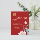 水の色ロータス中国のウェディング日付を保存 エンクロージャーカード (スタンド正面)