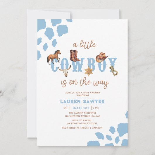 水の色ワイルドウェストリトルカウボーイ男の赤ちゃんシャワー 招待状 (正面)