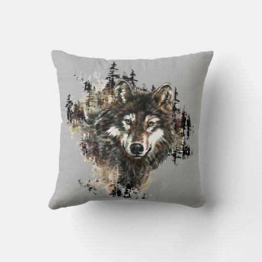 水の色ワイルドウルフマウンテンアニマル自然アート クッション (裏面)