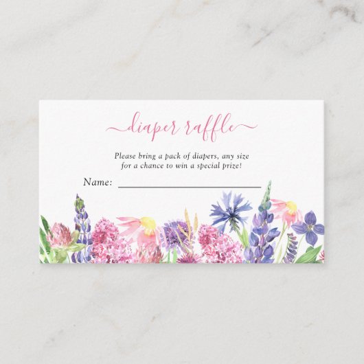 水の色ワイルドフラワーおむつラッフルベビーシャワー エンクロージャーカード (正面)