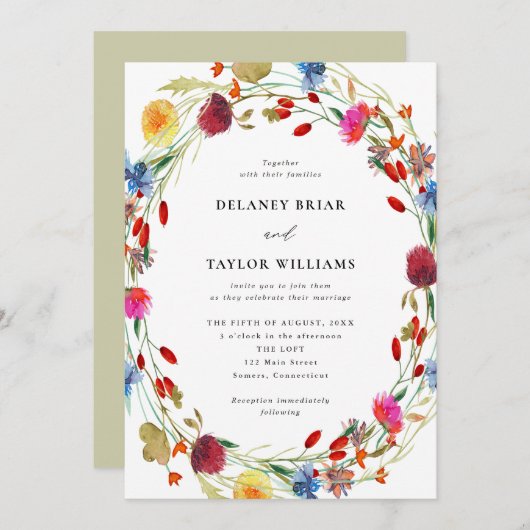 水の色ワイルドフラワーのリース結婚すべて 招待状 (正面/裏面)