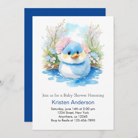 水の色ワイルドフラワーアヒル男の子の赤ちゃんシャワー 招待状 (正面/裏面)