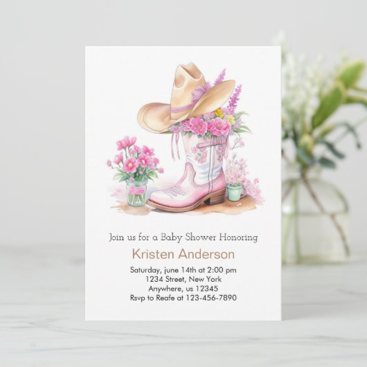 水の色ワイルドフラワーウェスタンベビーシャワー 招待状 (スタンド正面)